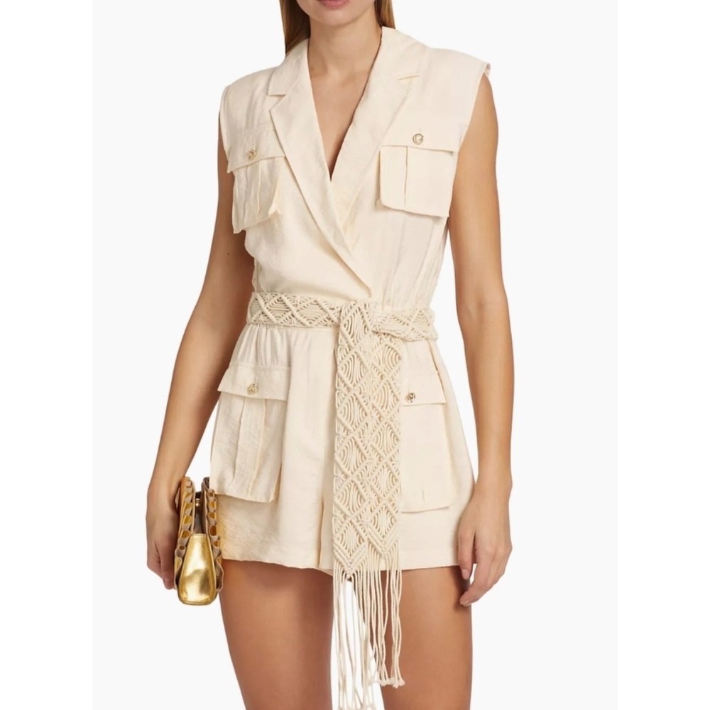 Ramy Brook Lela Romper Ivory Sleeveless Macrame Belt Safari Cargo Utility Size 8